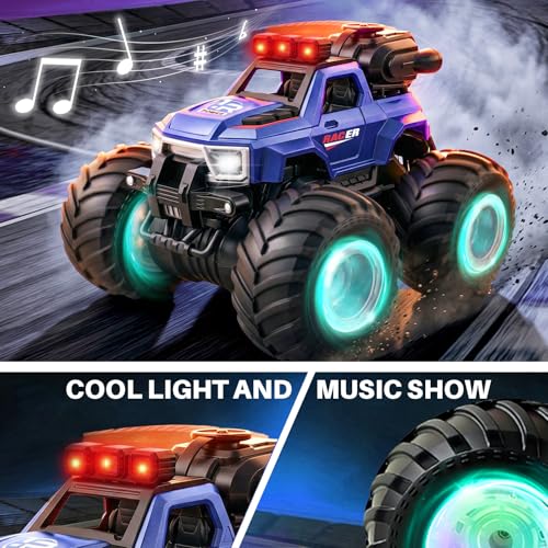 BEZGAR Remote Control Mosnter Truck, RC Cars with Mist Spray, Two Batteries | RC Truck with Music & LED Light, 360° Stunt Spins Monster Truck Toys for Boys 4-7, 40+ Mins Battery Life