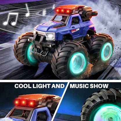 BEZGAR Remote Control Mosnter Truck, RC Cars with Mist Spray, Two Batteries | RC Truck with Music & LED Light, 360° Stunt Spins Monster Truck Toys for Boys 4-7, 40+ Mins Battery Life