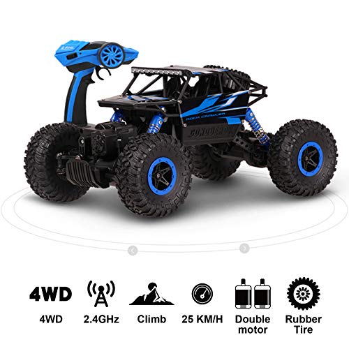 Cheerwing 1:18 Rock Crawler 2.4Ghz Remote Control Car 4WD Off Road RC Monster Truck 2 Battery (Blue) | 4WD Car,2 Rechagerbale Battery,LED Headlight,for Adults and Kids - color: Blue