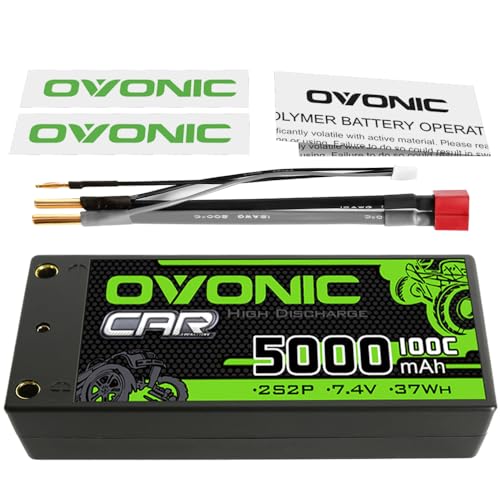 OVONIC 2S Shorty Lipo Battery 100C 5000mAh 7.4V Lipo Battery with 4mm Bullet Dean-Style T Connector for 1/8 1/10 RC Car Truck Boat Vehicles [3.74" D x 1.81" W x 0.98" H ]