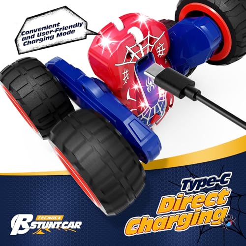 Tecnock Spider Remote Control Car, 2.4GHz RC Cars with USB-C Easy Charging, 4WD Double Sided 360° Rotates & Flips RC Stunt Car, Toys Gift for Boys and Girls Ages 6-8, 8-12 - color: Red