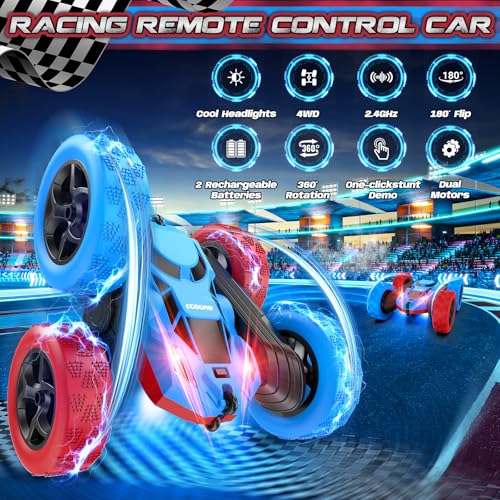 cosone Red Blue RC Stunt Car for Boys Girls | 360° Spinning Tricks, Double-Sided Driving, LED Lights, USB-C Rechargeable, One-Click Demo - color: Red&blue Pro
