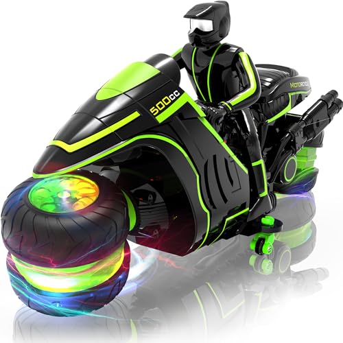 Remote Control Motorcycle, 2026 New Edition with RGB Color-Changing Wheels and Exclusive Sideways Glide, Ready-to-Play with 2 Batteries, 2.4GHz RC Stunt Bike Gift for Kids Boys Girls 5-12 - color: Green