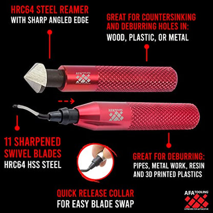 AFA Tooling Deburring Tool & Countersink Hand Reamer, Red CNC Handle | 11 HSS blades with 360-degree rotation & Countersink Hand Reamer make chamfers for 3D printing, metal, PVC, copper - style: Reamer & Deburring Tool