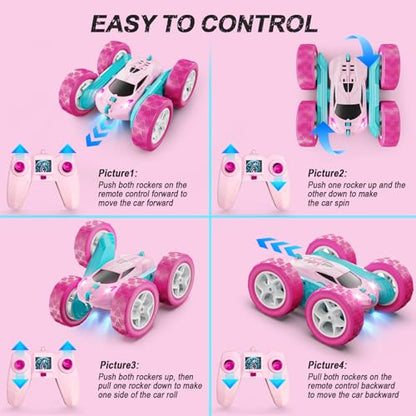 QUNREDA RC Cars, Pink Remote Control Car for Girls, 2.4 GHZ Double Sided RC Stunt Car 360° Rotating Remote Control Crawler with Headlights Car Toys for 6 7 8 9 10 11 12 Girls Birthday Gift Grandkids - color: Pink