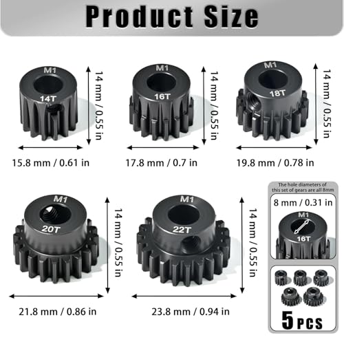 M1 8mm Steel Pinion Gear Set 14T 16T 18T 20T 22T with Laser-Engraved Tooth Count for 1/5 X-Maxx Rc Model Car Buggy Truck Replacement Mod 1 Gear Compatible with Brushed & Brushless Motors 5 Pcs - size: M1-8-14T-16T-18T-20T-22T
