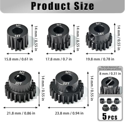 M1 8mm Steel Pinion Gear Set 14T 16T 18T 20T 22T with Laser-Engraved Tooth Count for 1/5 X-Maxx Rc Model Car Buggy Truck Replacement Mod 1 Gear Compatible with Brushed & Brushless Motors 5 Pcs - size: M1-8-14T-16T-18T-20T-22T