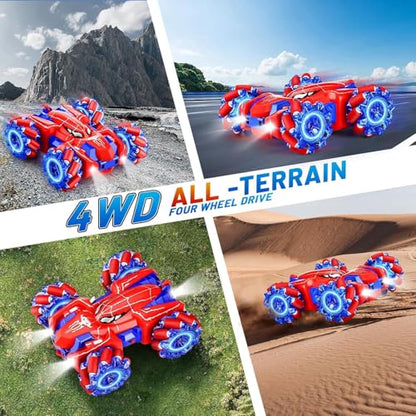 Spider Remote Control Car, Double Sided 360°Rotating USB Direct Charging RC with Cool Lights, 2.4Ghz Drift RC Stunt Vehicle, 360°Rotating 4WD Off-Road Race Car Toys for 4-12 Boy Girl Gifts (Blue) - color: Blue