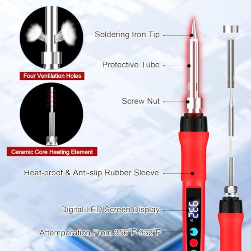 Soldering Iron Kit, 100W Soldering Gun with LED Digital Display, Adjustable Temperature 356-932℉ Solder Kit for Electronics, Includes Soldering Iron Tip, Solder Wire, Stand, Tweezers and Paste, Red - color: Red