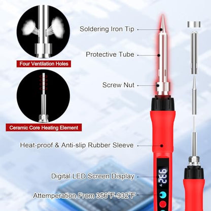 Soldering Iron Kit, 100W Soldering Gun with LED Digital Display, Adjustable Temperature 356-932℉ Solder Kit for Electronics, Includes Soldering Iron Tip, Solder Wire, Stand, Tweezers and Paste, Red - color: Red