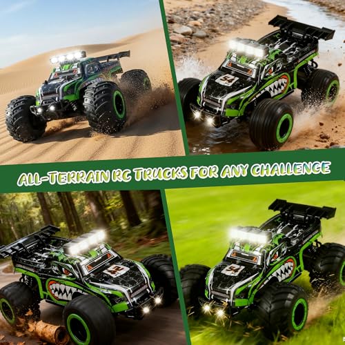 Remote Control Monster Truck for Kids: Off-Road RC Car with Headlights & Body Lights, 1:18, 20 km/h, 2WD, 2.4 GHz, All-Terrain, Rechargeable, High-Speed - Birthday for Boys Ages 4-12