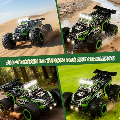 Remote Control Monster Truck for Kids: Off-Road RC Car with Headlights & Body Lights, 1:18, 20 km/h, 2WD, 2.4 GHz, All-Terrain, Rechargeable, High-Speed - Birthday for Boys Ages 4-12