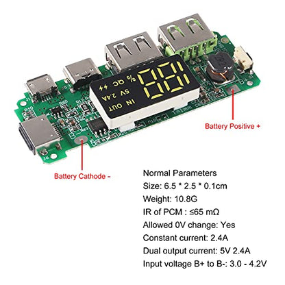 4pcs 18650 Charging Board ，Dual USB 5V 2.4A Mobile Power Bank Module 186 50 Lithium Battery Charger Board with Overcharge Overdischarge Short Circuit Protection DIY USB Power Bank Board