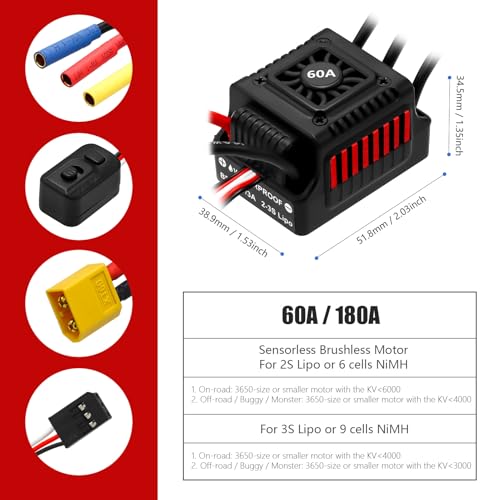 Upgraded 60A Brushless ESC 2-3S Electronic Speed Controller Waterproof ESC for 1/10 Remote Control Car Truck - color: Red