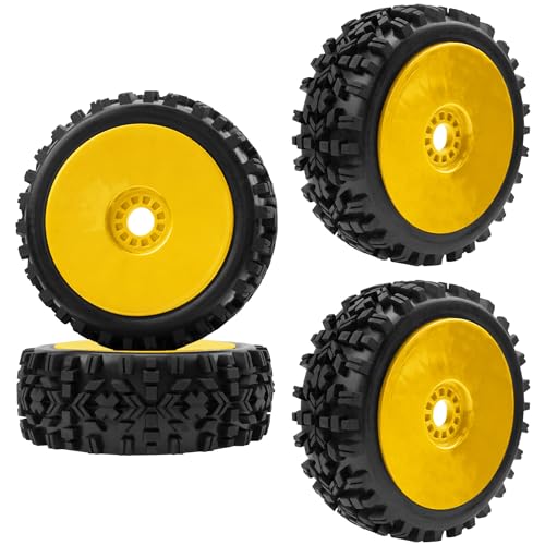 ShareGoo RC Hobby OD 4.72" 1/8 Scale RC Buggy Wheels & Rubber Tires 17mm Hex Rims Compatible with Arrma Typhon 3S 6S Kyosho Losi 8IGHT Traxxas Redcat HSP HPI 1/8 Scale Off Road Car Buggy (Yellow) - color: Yellow