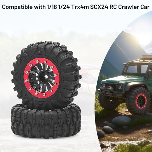 daitoku 1.3 Beadlock Wheels and Tires 1.3" RC Wheel Tires Set for 1/18 1/24 Trx4m SCX24 RC Crawler Car (4PCS) - Red - color: Red