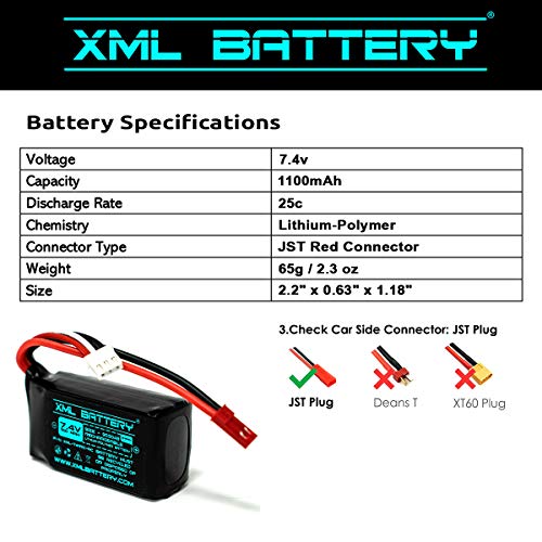(2 Pack 7.4v 1100mAh Li-po A949 A959 RC Car Battery JST Red Connector A969 A979 K929 Wltoys 1/18 - color: A949 A959 A969 RC Car XML-7411RC-RC, size: 2 Pack