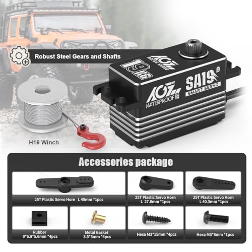 AGFRC 19KG Waterproof Low Profile 1/10 Scale Winch Servo(SA19 Winch) | 0.073Sec, 8.4V HV, Brushless Motor, Programmable, Full Metal Gear, with 25T Metal Winch Horn, for 1/10 RC Cars & Crawlers