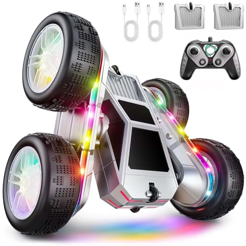 WayEee Remote Control Car for Boys 4-7, 360° Flips Rotating RC Stunt Car with Type-C Charging and LED Lights Strips, 2.4 GHZ Double Sided All Terrain 4WD RC Cars for Girl Boys Christmas Birthday Gift - color: Silver