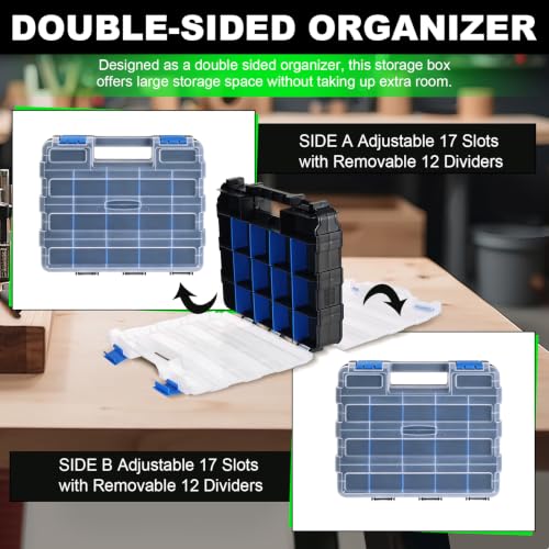 Tool Box with Transparent Lid, 2 Pack Hardware Organizer Box | Double Side 34 Compartments Hardware Organizers with Removable Plastic Dividers for Screws Nuts Nails, Small Parts Box - color: Blue