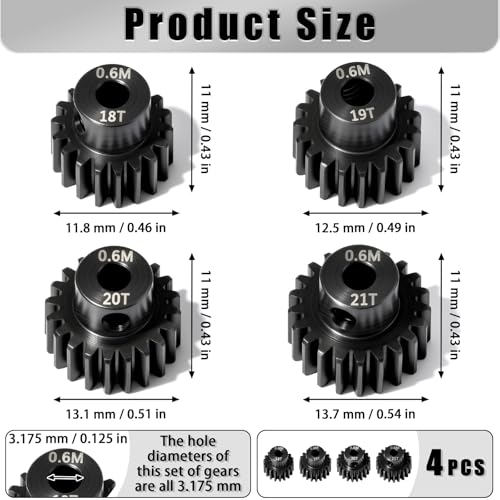 4Pcs 0.6M Hardened Steel Pinion Gear Set 3.175mm 18T 19T 20T 21T Motor Pinion Gear with M4 Screw and Hex Key, Fit 3.175mm (1/8-Inch) Shaft, for Arrma HPI Kyosho Losi Axial Traxxas Tamiya 1/10 RC Car - size: 0.6M-P-3.175mm-18-21T