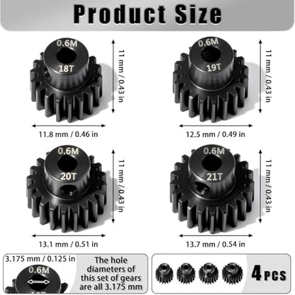 4Pcs 0.6M Hardened Steel Pinion Gear Set 3.175mm 18T 19T 20T 21T Motor Pinion Gear with M4 Screw and Hex Key, Fit 3.175mm (1/8-Inch) Shaft, for Arrma HPI Kyosho Losi Axial Traxxas Tamiya 1/10 RC Car - size: 0.6M-P-3.175mm-18-21T