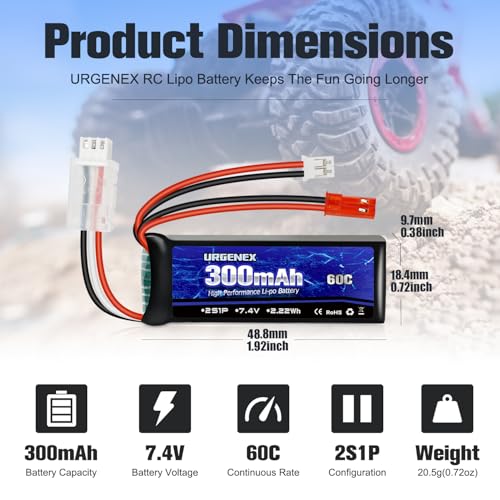 SCX24 Battery 7.4V Lipos 2S 60C(Burst 120C) 300mAh Rechargeable Mini Lithium Battery with JST&PH2.0 Dual Discharge Plug Fit for SCX24 RC Car WLtoys RC Truck and Most Airplane 1TO2 Charger - style: 2PACK with Charger