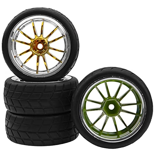 4Pcs 2.59in Rubber Tires & 12mm Hex Plastic Wheel Rims Set 14-Spoke w/Foam Compatible with Traxxas Kyosho HPI Tamiya Associated 1/10 RC On-Road Touring Car (Yellow) - color: Yellow