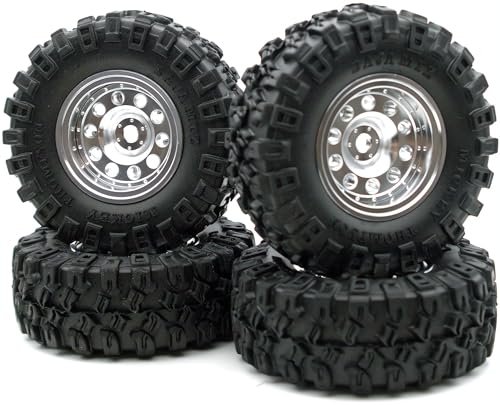 RC 1.0 Aluminium Beadlock Wheel and Tire Set for SCX24 1/24 1/18 RC Crawler YK1002 (Silver) - color: Silver