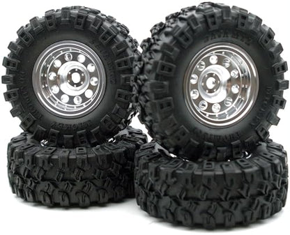 RC 1.0 Aluminium Beadlock Wheel and Tire Set for SCX24 1/24 1/18 RC Crawler YK1002 (Silver) - color: Silver