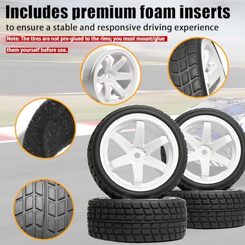 OD 2.65" On Road Rubber Tires Plastic Wheel Rims 12mm Hex for 1/10 RC Car | Compatible with MJX HSP Tamiya HPI Kyosho Traxxas Sakura Redcat WLtoys 1/10 RC On-Road Racing Touring Car (4pcs, White) - style: C-White