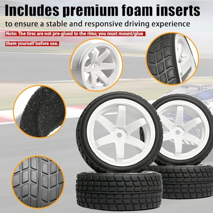 OD 2.65" On Road Rubber Tires Plastic Wheel Rims 12mm Hex for 1/10 RC Car | Compatible with MJX HSP Tamiya HPI Kyosho Traxxas Sakura Redcat WLtoys 1/10 RC On-Road Racing Touring Car (4pcs, White) - style: C-White