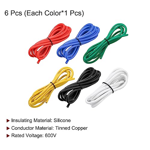 MECCANIXITY 12 Gauge Wire Silicone Wire 12AWG Electrical Wire Stranded Wire Tinned Copper Wire High Temp Hookup Wire 6 Color 1.5m/4.92ft for Car Model Electric Appliances 6pcs - size: 12AWG, 4.92ft