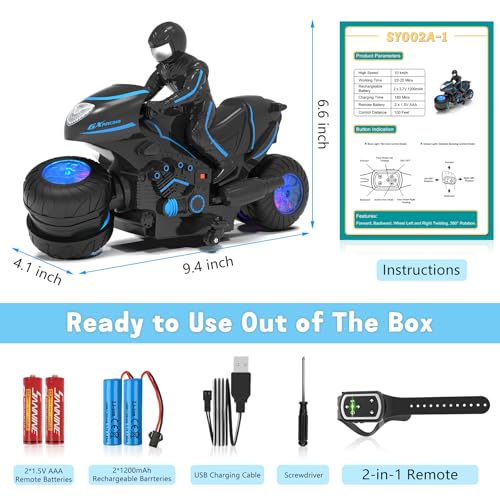 Eulogia Remote Control Motorcycle Toys New Upgraded RGB Wheels Lights, RC Motorbike with 2-in-1 Remote, Gesture Sensing Stunts Dirt Bike, 360° Rotating High Speed Motocross Car for Boys Girls Gift - color: Blue