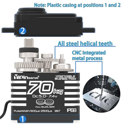 70kg Digital Servo 8.4V 180° Brushless RC Servo Motor High Torgue Waterproof IP68 Steel Helical Gear with 25T Servo Arm 1/8, 1/10 RC Car Robot Boat