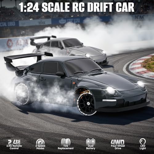 RC Drift Car,1:24 Scale Remote Control Car, 2.4GHz 20KM/H 4WD High Speed RC Cars for Kids with LED Light, Two Batteries,Drifting Tires,Racing Vehicle Toy for Adults Boys Girls Gray - color: Gray