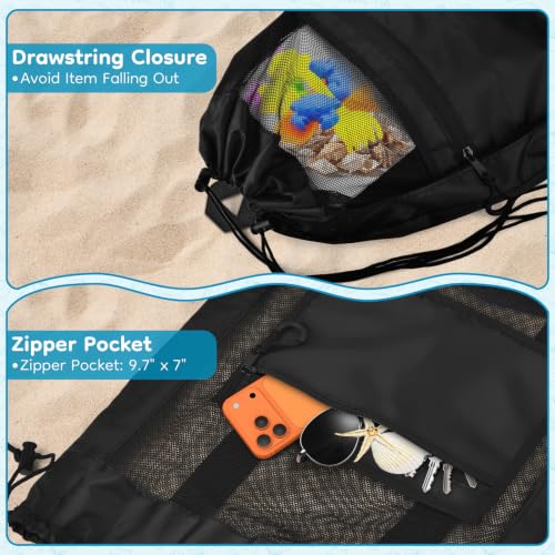 BROTOU Beach Mesh Backpack with Double Shoulder Strap | Swim Pool Toys Balls Storage Bags Gym backpack, Beach Toy Shells Organizer - color: Black backpack-L