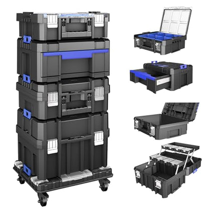 5 Tier Stackable Tool Box with Wheels,Rolling Tool Box with Drawers,Modular Tools Organizer,Portable Tool Box with Transparent Parts Box,Large Capacity Toolbox,for Garage Storage,Home and Repair Shop