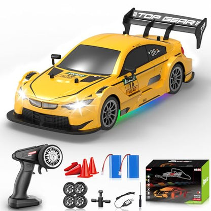 RC Drift Car 1:16, 2.4GHz 4WD Remote Control Car, 30+KM/H High Speed Drifting RC Cars with LED Lights Two Batteries and Drift Tires Racing Cars for Adults Boys Kids, Yellow - color: Yellow