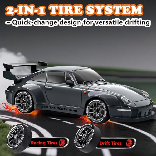 RC Drift Car, 1:24 Scale Remote Control Vehicle with LED Lights,Drifting Tires＆Two Batteries, Racing Sports Toy Idea Gift for Adults Boys Girls and Kids - color: Dark Gray
