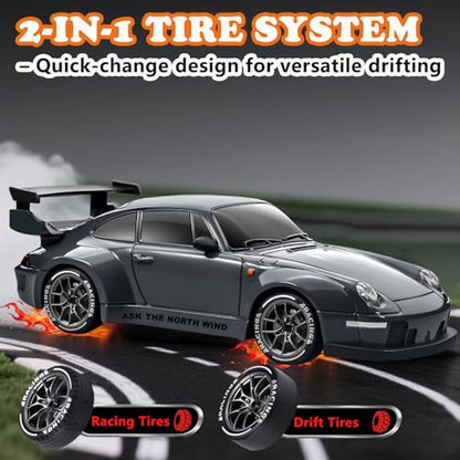 RC Drift Car, 1:24 Scale Remote Control Vehicle with LED Lights,Drifting Tires＆Two Batteries, Racing Sports Toy Idea Gift for Adults Boys Girls and Kids - color: Dark Gray