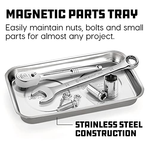 Powerbuilt Magnetic Parts Tray, 5-1/2 Inch x 9-1/2 Inch – Polished Stainless Steel Magnetic Tool Tray with Dual Rubber-Coated Heavy-Duty Magnets for Holding Small Parts – 648357