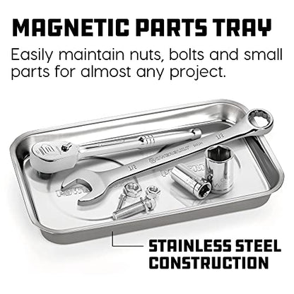 Powerbuilt Magnetic Parts Tray, 5-1/2 Inch x 9-1/2 Inch – Polished Stainless Steel Magnetic Tool Tray with Dual Rubber-Coated Heavy-Duty Magnets for Holding Small Parts – 648357