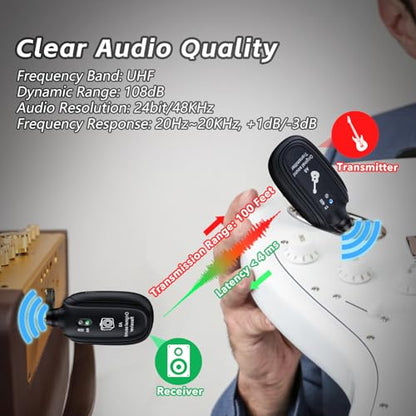 A8 Wireless Guitar System UHF 2 Modes, Rechargeable Li-Battery, 100ft Range, Plug & Play for Guitar, Bass, Violin, Keyboard - Black | Rechargeable Li-Battery, 100ft Range, Wireless Guitar Transmitter Receiver For Bass Violin Keyboard Electric Instruments