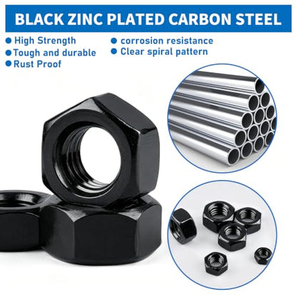 SAE Black Hex Nuts, 178 Pack A2-70 Inch Coarse Thread Hardware Nuts | #6-32 #8-32 #10-24 1/4"-20 5/16"-18 3/8"-16 Sizes, Black Zinc Plated, Rust Resistant for Auto & Machinery Repair - color: Black, size: SAE