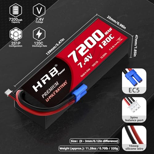 HRB 2PCS 2S 7200mAh Lipo Battery EC5 120C 7.4V Compatible with RC Car