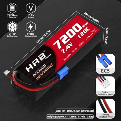 HRB 2PCS 2S 7200mAh Lipo Battery EC5 120C 7.4V Compatible with RC Car