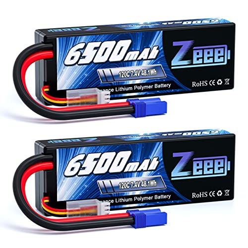 Zeee 2S Lipo Battery 6500mAh 7.4V 120C with EC5 Connector (2 Pack) | Hard Case RC Car Battery for RC Vehicles RC Truck Tank Truggy Boat Racing Hobby Models