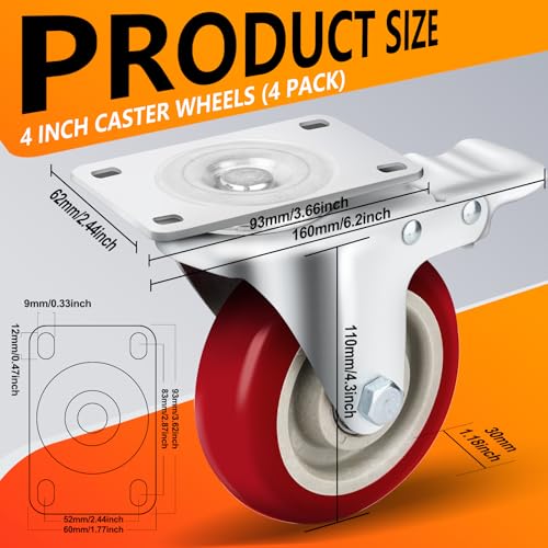 4 Inch Plate Caster Set of 4, Heavy Duty PU Swivel Wheel with Dual Brakes | Smooth 360° rotation,dual locking brake,silent PU wheels,2600lbs load capacity - color: Red, size: 4 IN