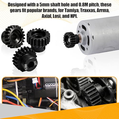 3-Pack Steel Metal 0.8M 5mm Pinion Motor Gear Sets 20T Compatible with HPI Kyosho Losi Axial Tamiya 1/8 1/10 RC Car Monster Truck Buggy, 0.8 Module Gear for Traxxsa Arrma - style: 3Pcs 20T